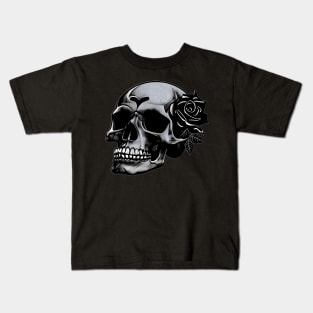 Spooky gothic black skull with a black rose Kids T-Shirt